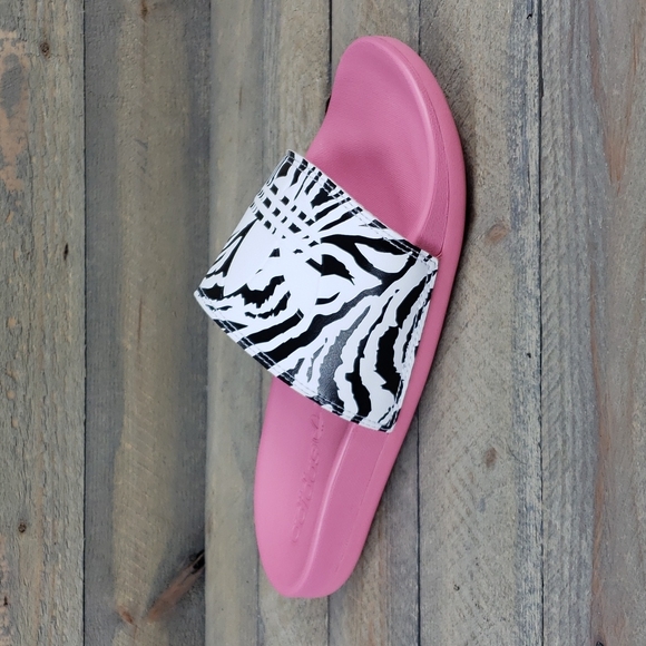 adidas Women's Adilette Comfort Slide Sandals Rose Tone Black/White Zebra Print - Picture 2 of 8